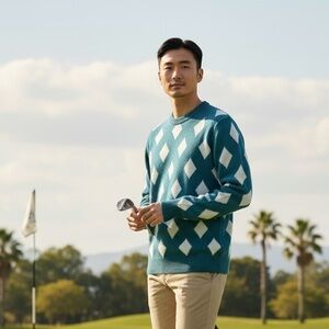 Bogey Boys Golf Men's S‎ Crew Argyle Sweater Teal Cream Diamond New